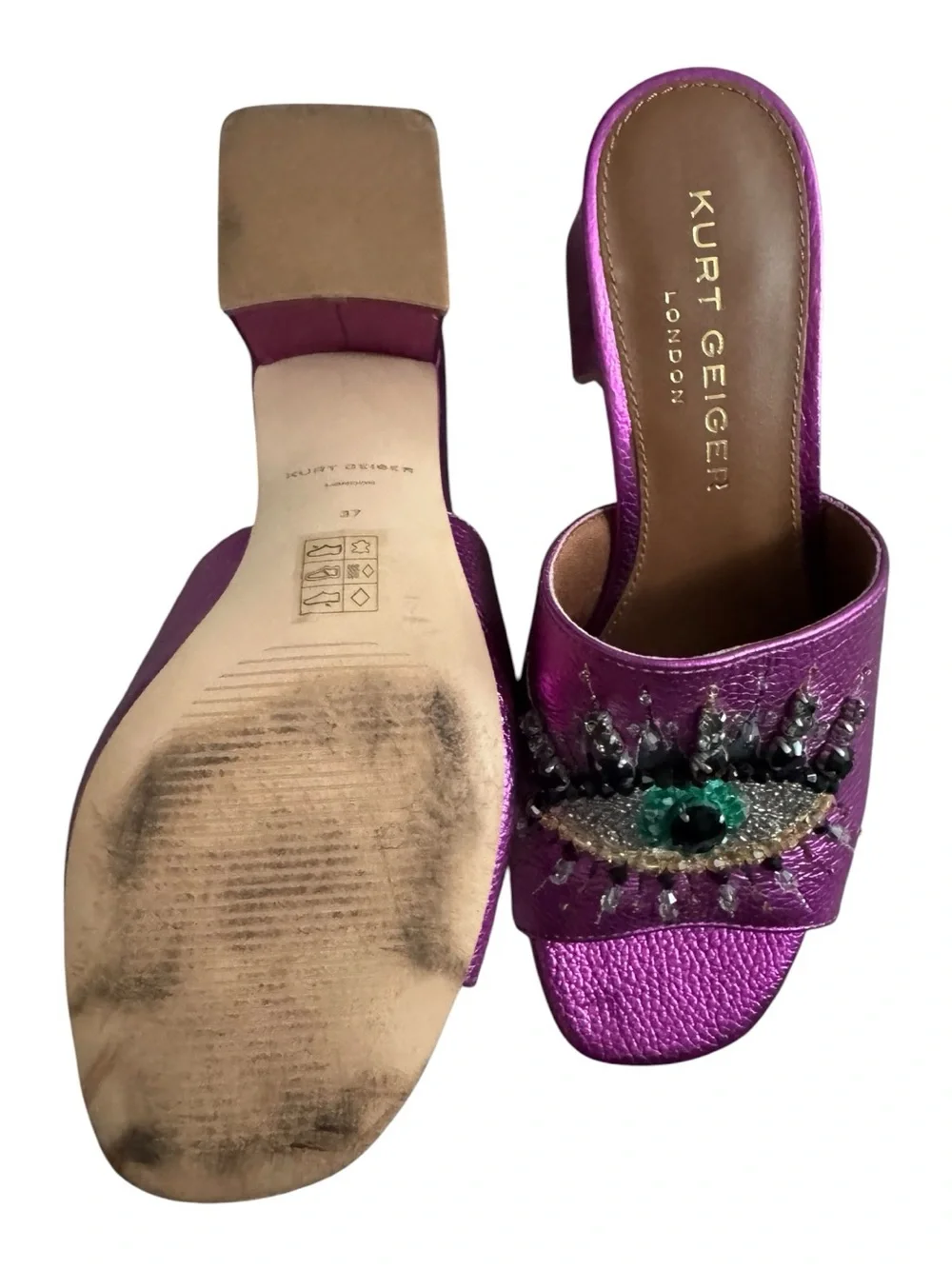 These are Kurt Geiger London "Olive Eye" purple metallic flat mule sandals - Picture 3 of 5